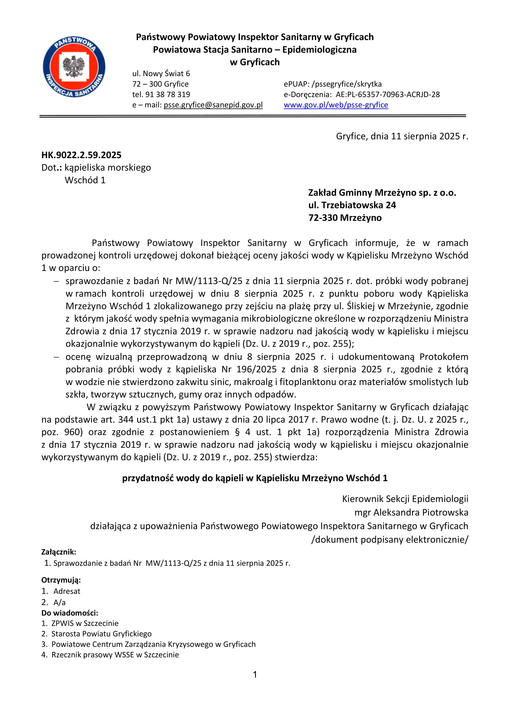 Woda w&nbsp;kąpielisku Mrzeżyno Wsch&oacute;d 1 przydatna do kąpieli