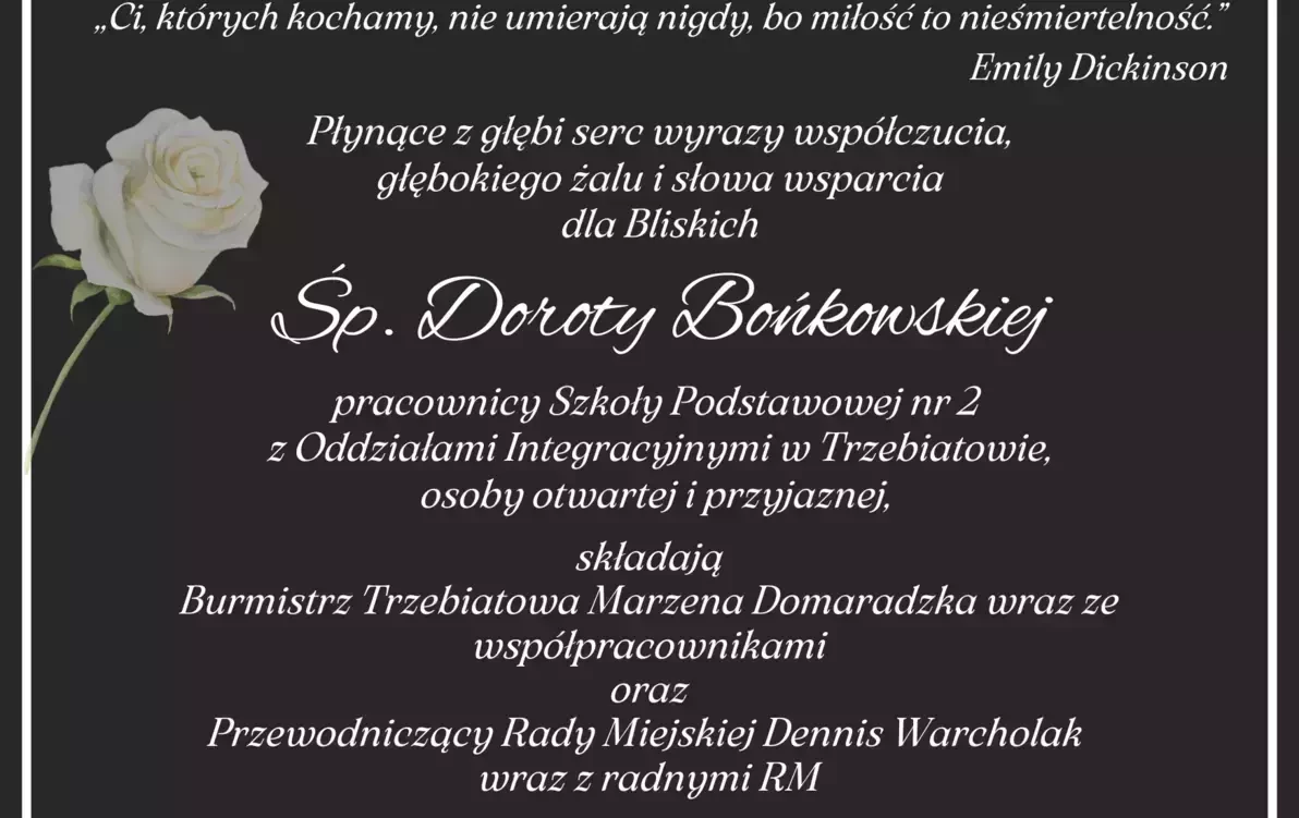 Zdjęcie do W hołdzie Śp. Dorocie Bońkowskiej &ndash; wyrazy wsp&oacute;łczucia i pamięci
