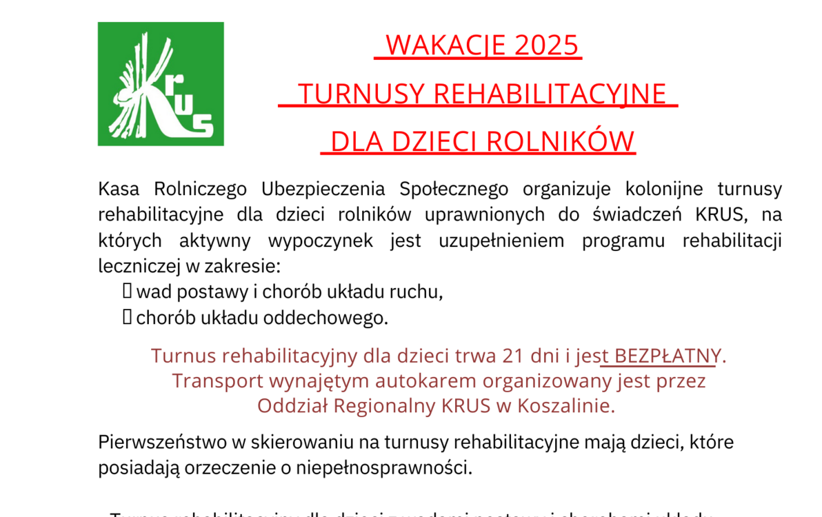 Zdjęcie do WAKACJE 2025  TURNUSY REHABILITACYJNE  DLA DZIECI ROLNIK&Oacute;W 