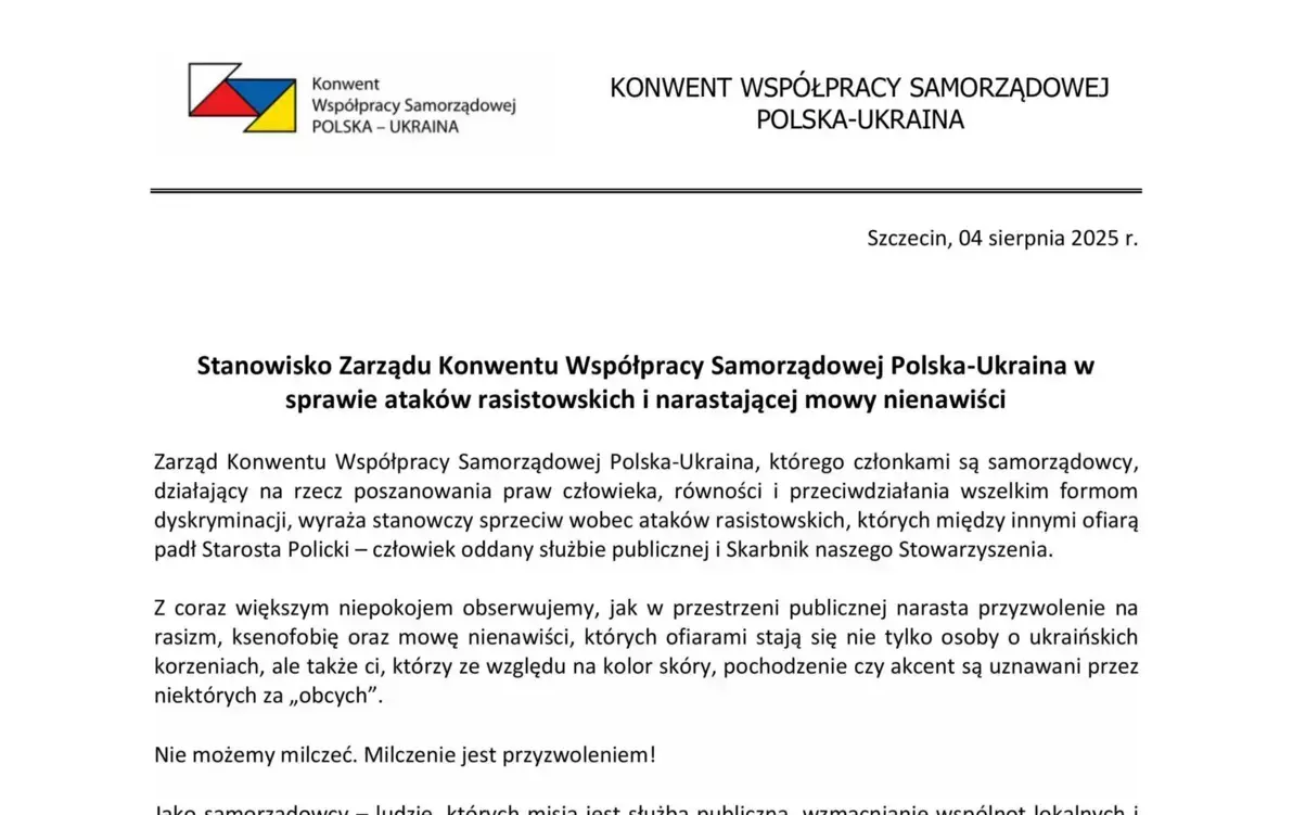 Zdjęcie do Stanowisko Zarządu Konwentu Wsp&oacute;łpracy Samorządowej Polska-Ukraina w sprawie atak&oacute;w rasistowskich i narastającej mowy nienawiści