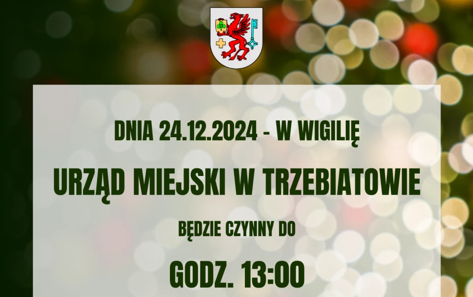 Zdjęcie do W wigilię Urząd Miejski w Trzebiatowie będzie czynny do godz. 13:00